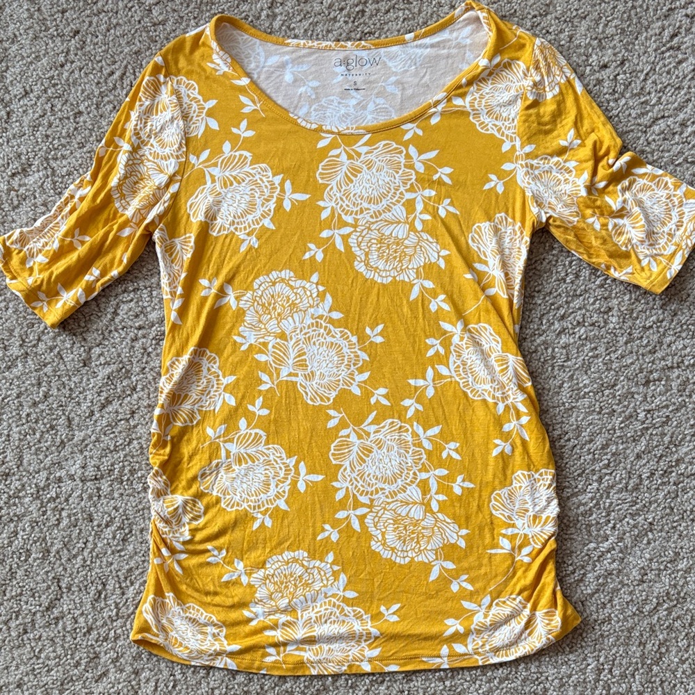 a:glow Mustard and White Floral Short Sleeve Maternity Top